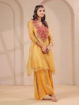 Mustard yellow handwork yoke style kurta with palazzo