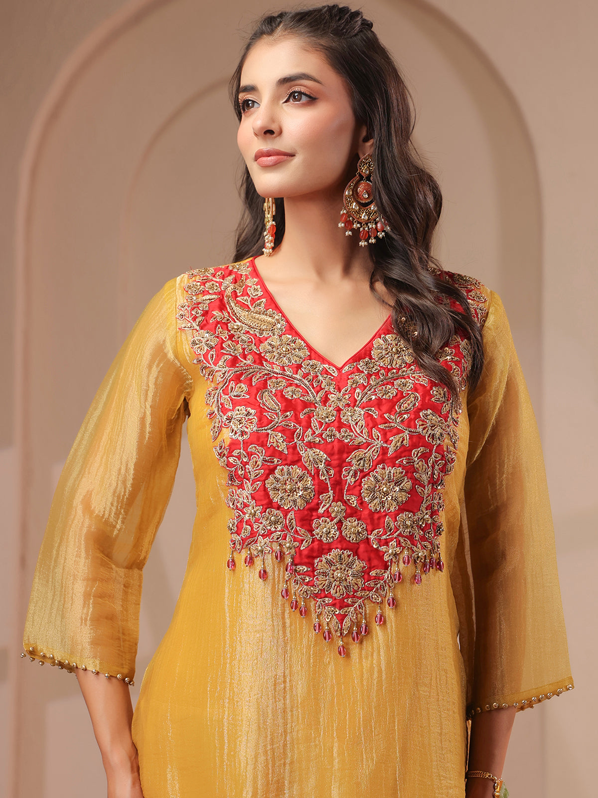 Mustard yellow handwork yoke style kurta with palazzo