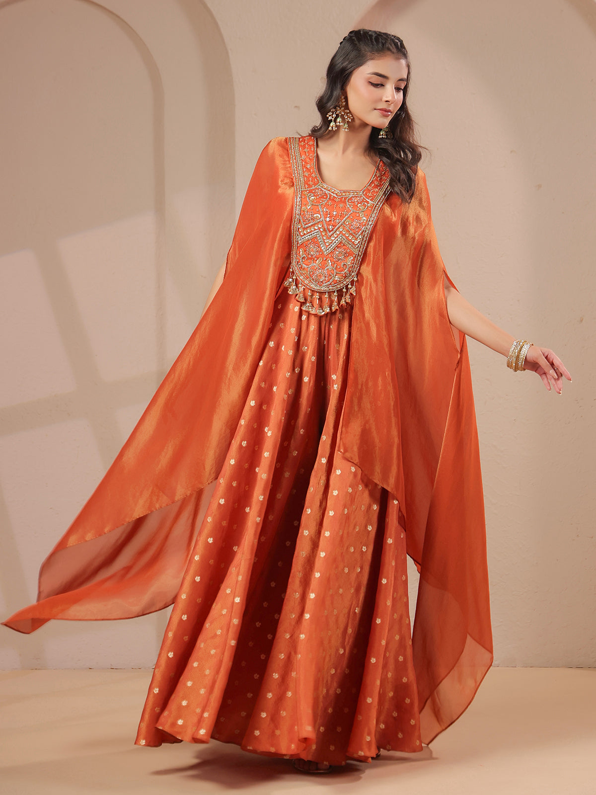 Rust orange handwork bodice flared top with banarasi palazzo