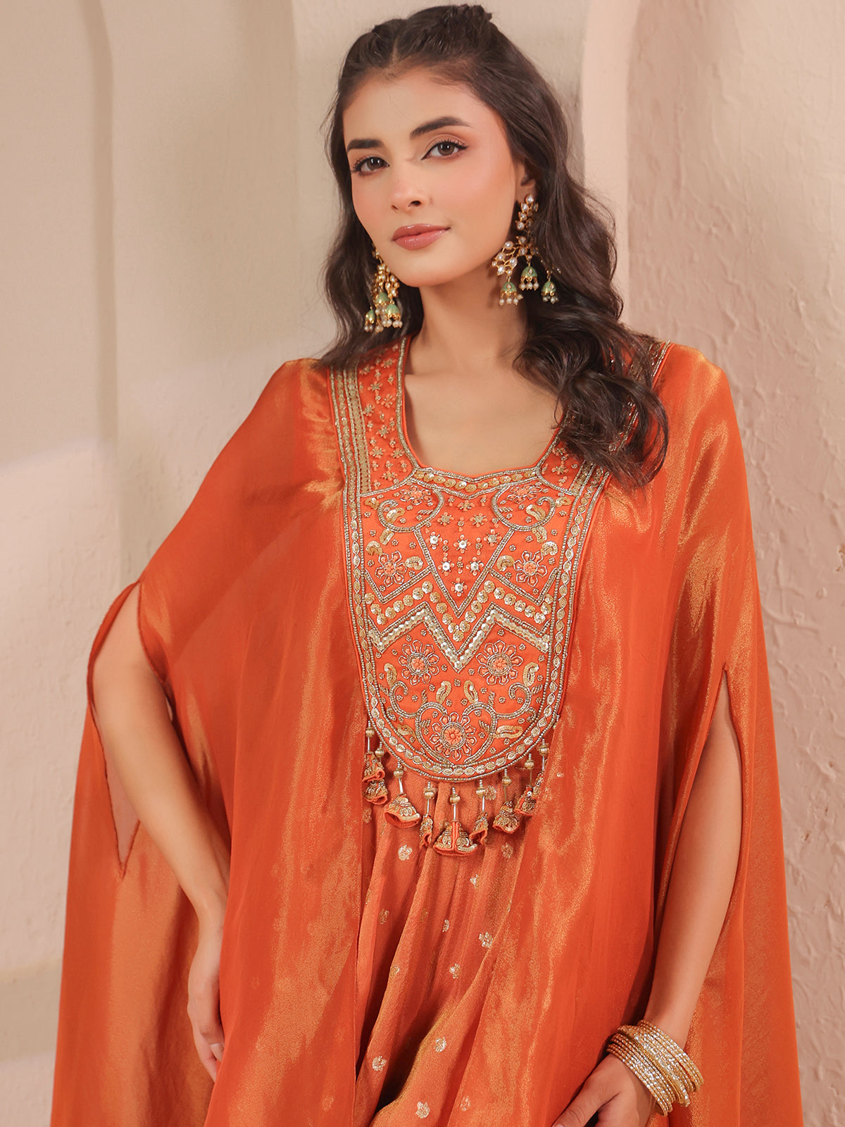 Rust orange handwork bodice flared top with banarasi palazzo