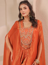 Rust orange handwork bodice flared top with banarasi palazzo