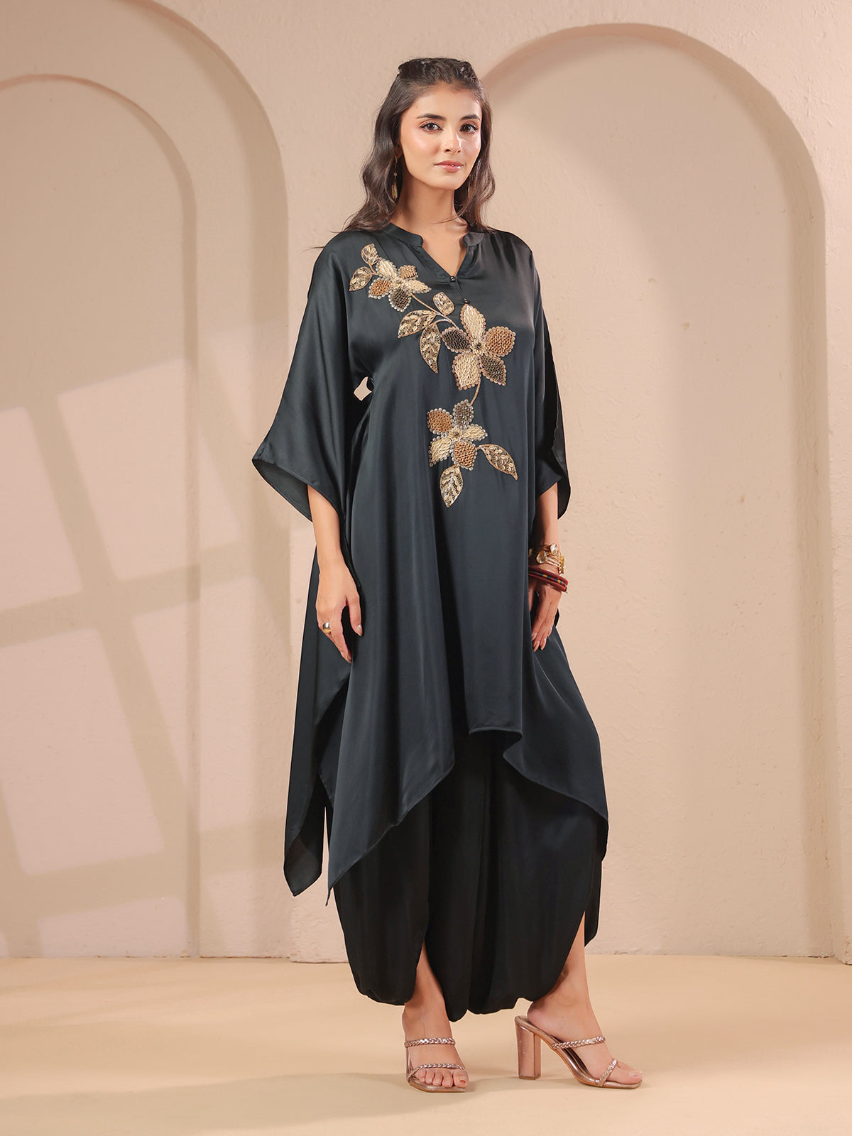 Charcoal black hi-lo handwork kurti with designer dhoti pants
