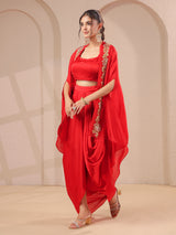 Red work overlay bustier with designer long shrug indowestern