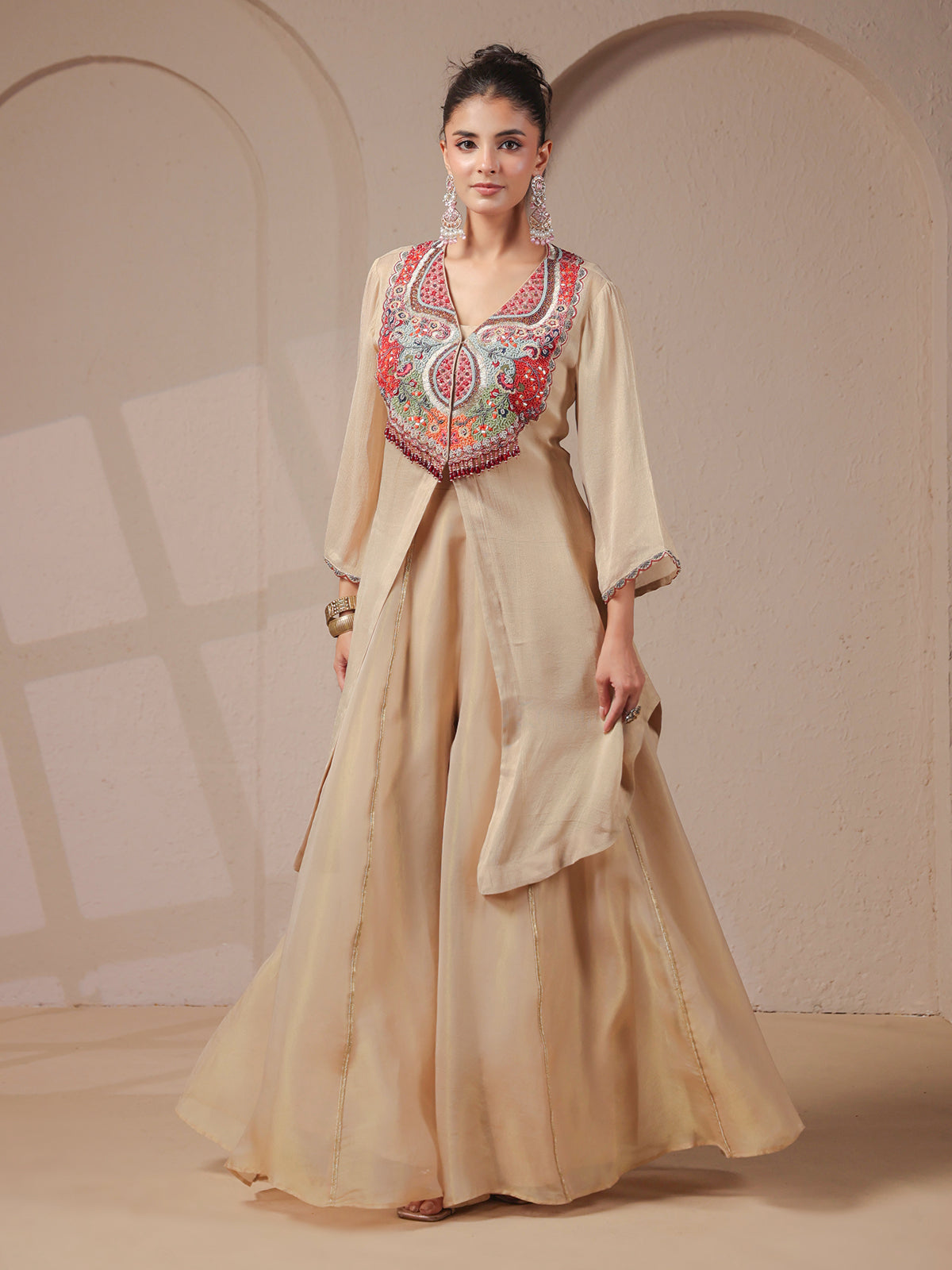 Beige handwork kurta palazzo set with shimmering organza