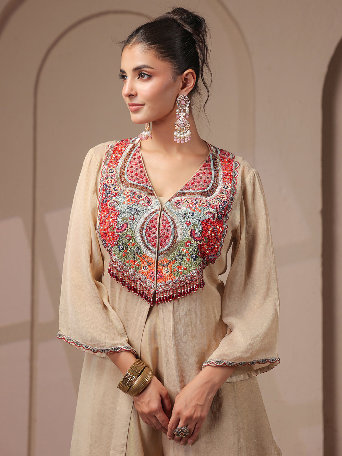 Beige handwork kurta palazzo set with shimmering organza