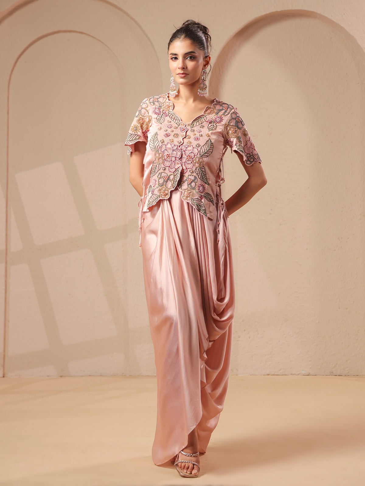 Pink rose-gold bustier handwork top with designer indowestern