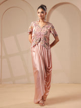 Pink rose-gold bustier handwork top with designer indowestern