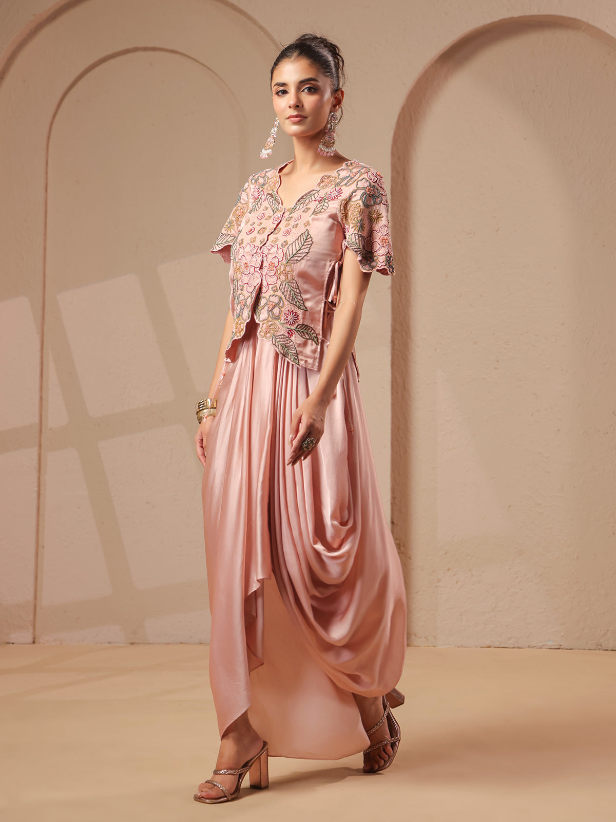 Pink rose-gold bustier handwork top with designer indowestern