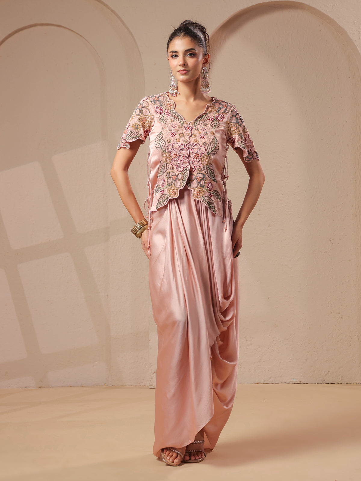 Pink rose-gold bustier handwork top with designer indowestern
