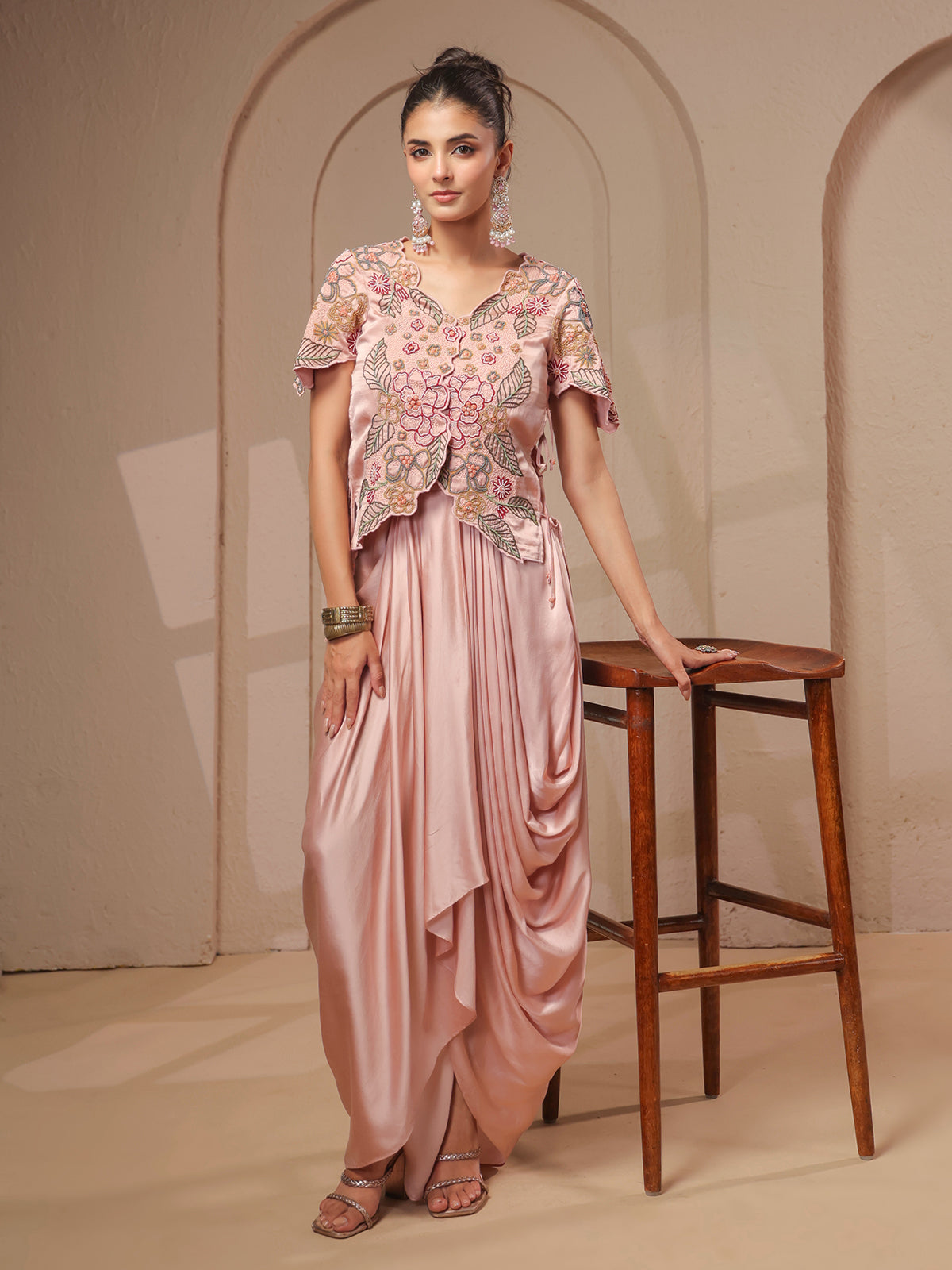 Pink rose-gold bustier handwork top with designer indowestern