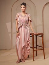 Pink rose-gold bustier handwork top with designer indowestern
