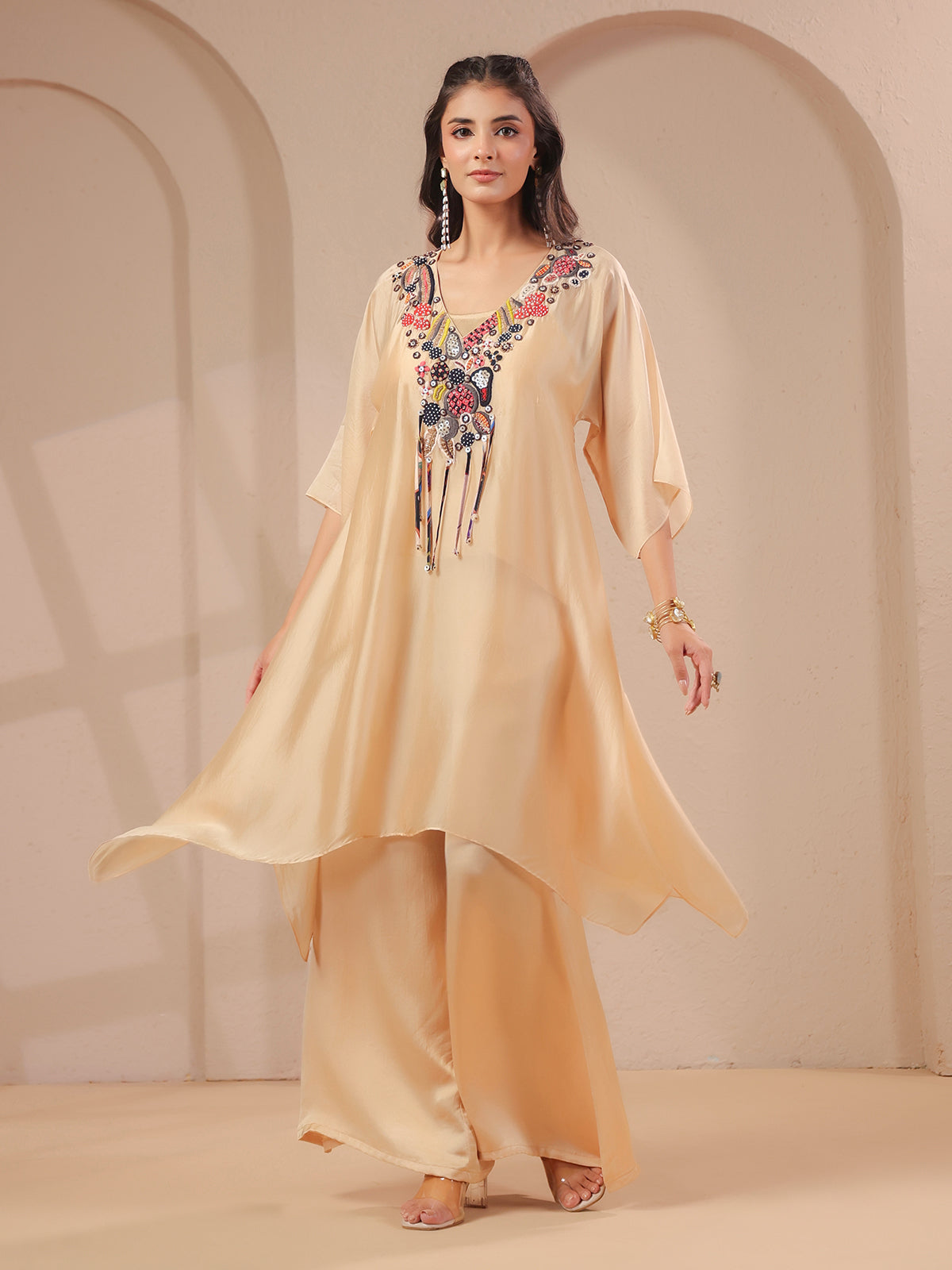 Cream A-line handwork kurta with inner and designer palazzo