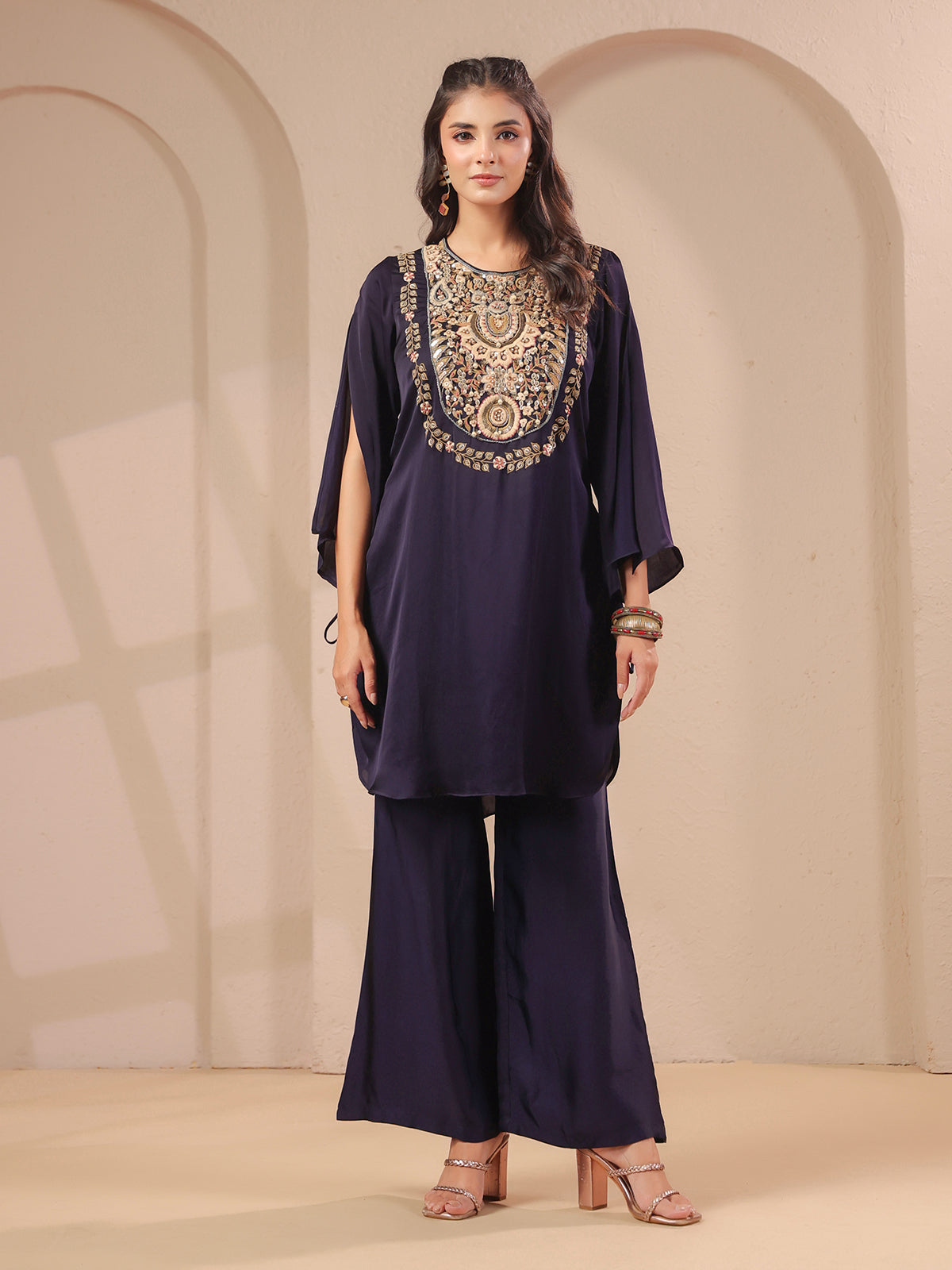 Purple handwork kurta with designer modal satin palazzo