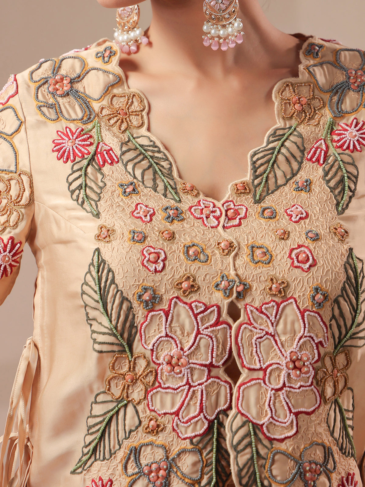 Cream rose-gold bustier handwork jacket with elegant indowestern