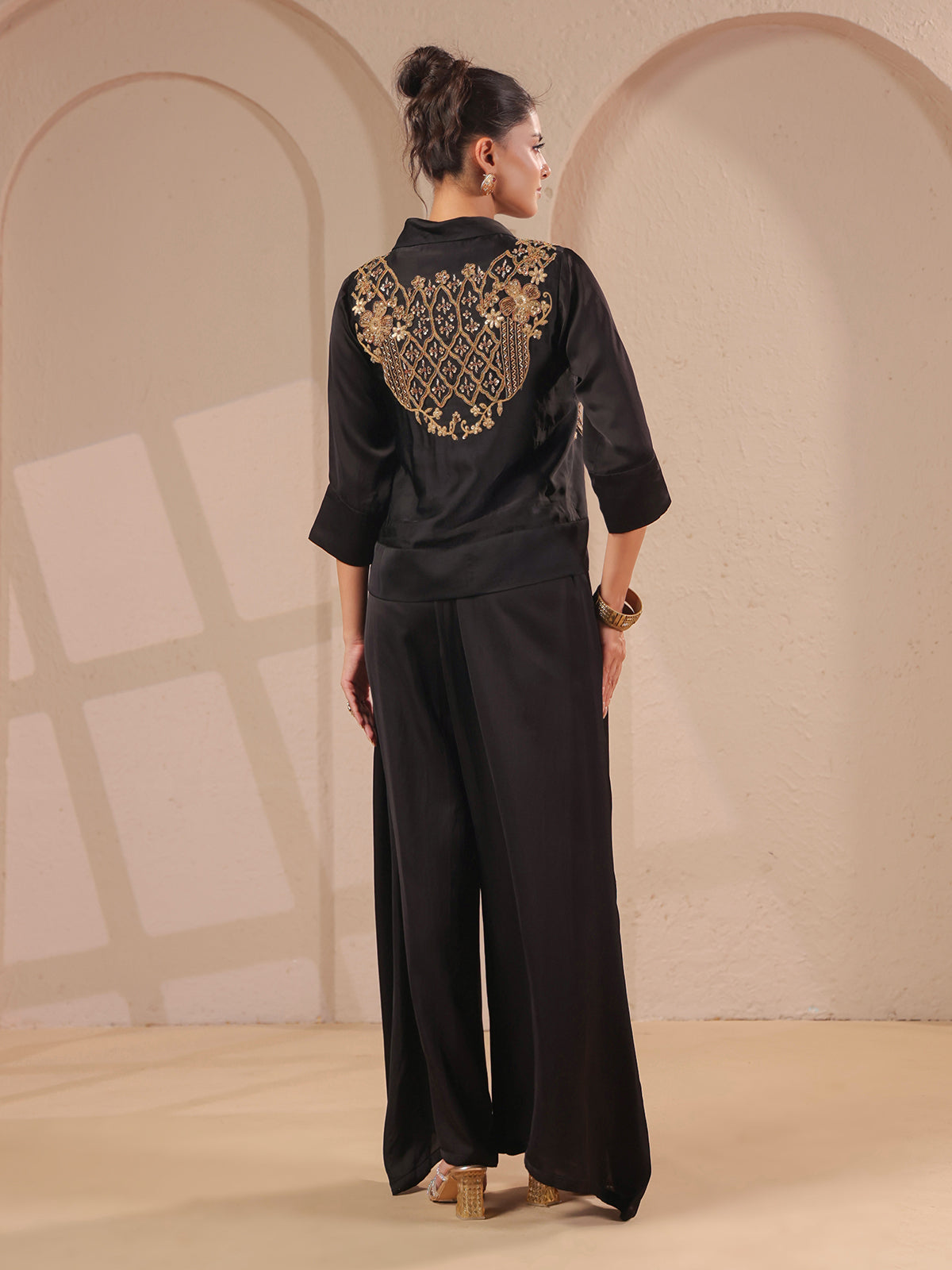 Black handwork top bustier with collar neck and palazzo