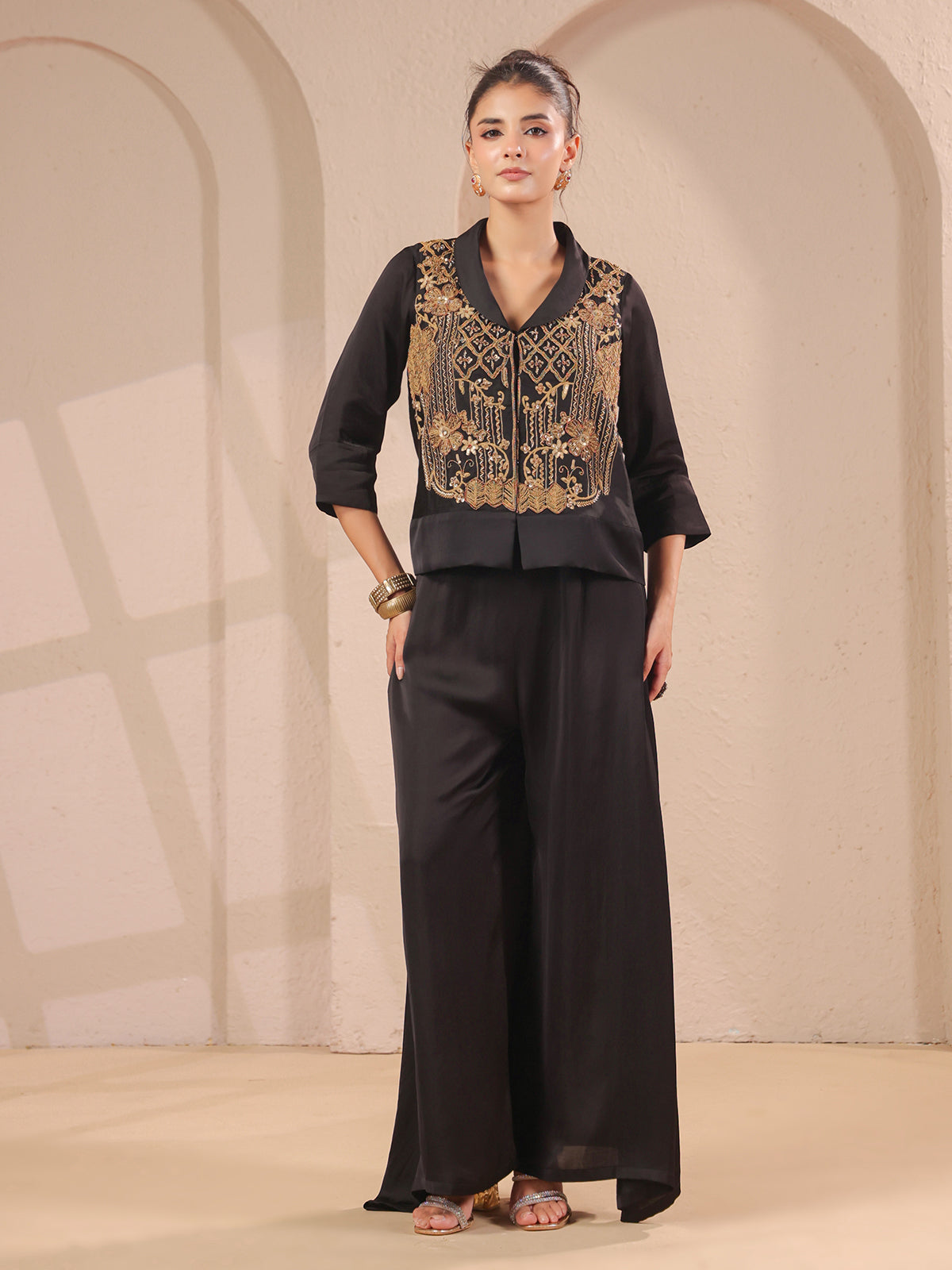 Black handwork top bustier with collar neck and palazzo