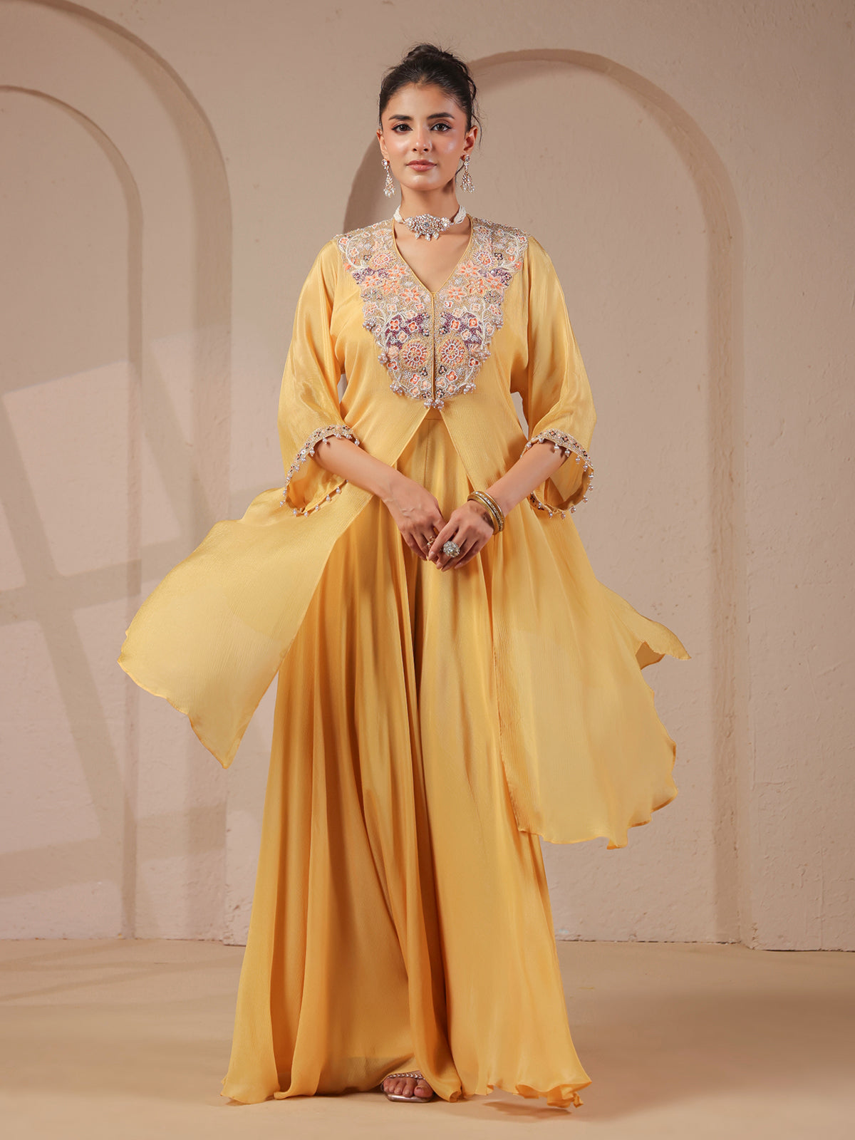 Light yellow handwork kurta bustier palazzo festive designer set