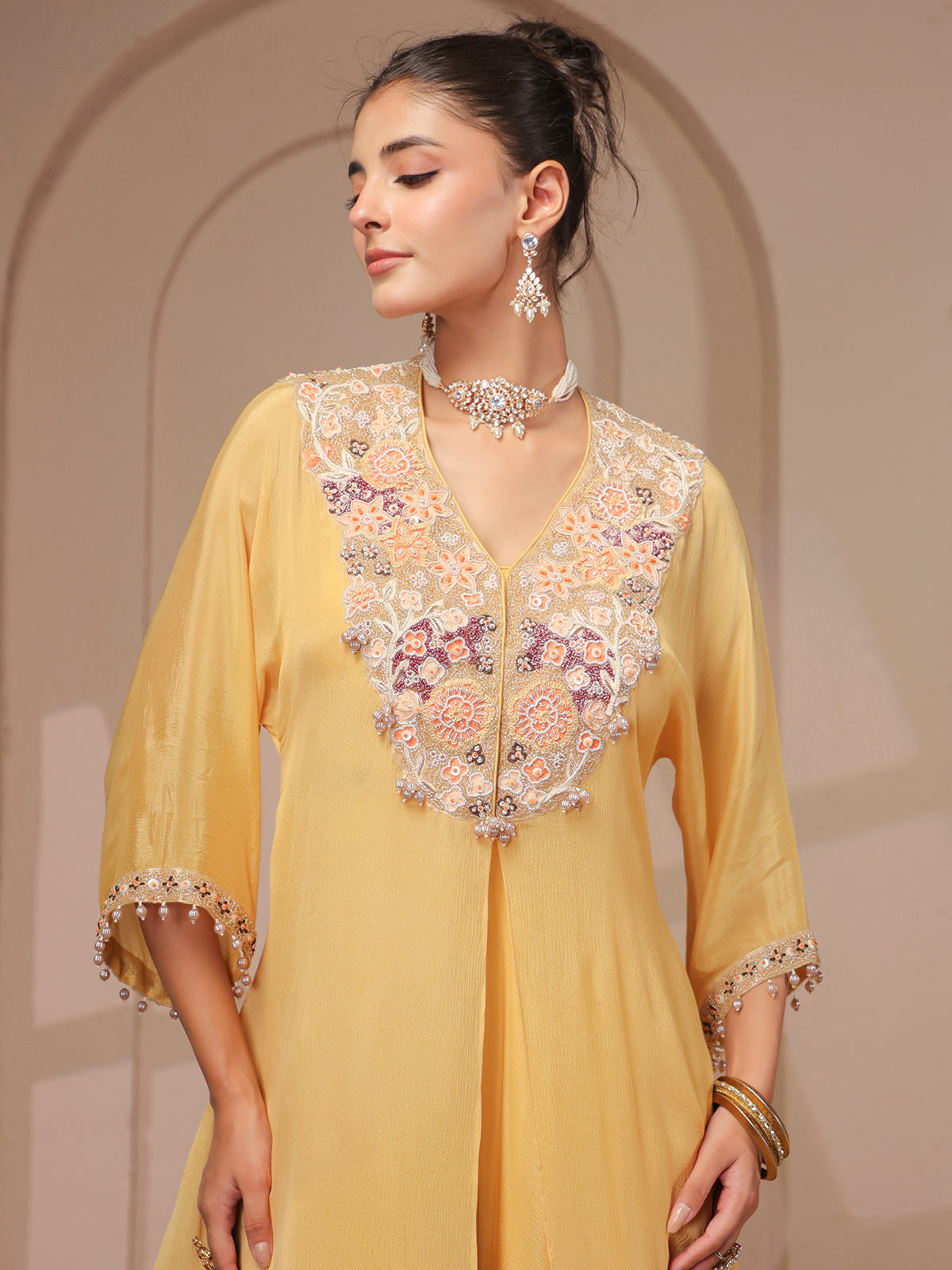 Light yellow handwork kurta bustier palazzo festive designer set