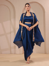 Royal blue handwork overlay bustier with designer drape skirt