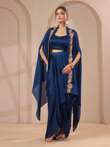 Royal blue handwork overlay bustier with designer drape skirt