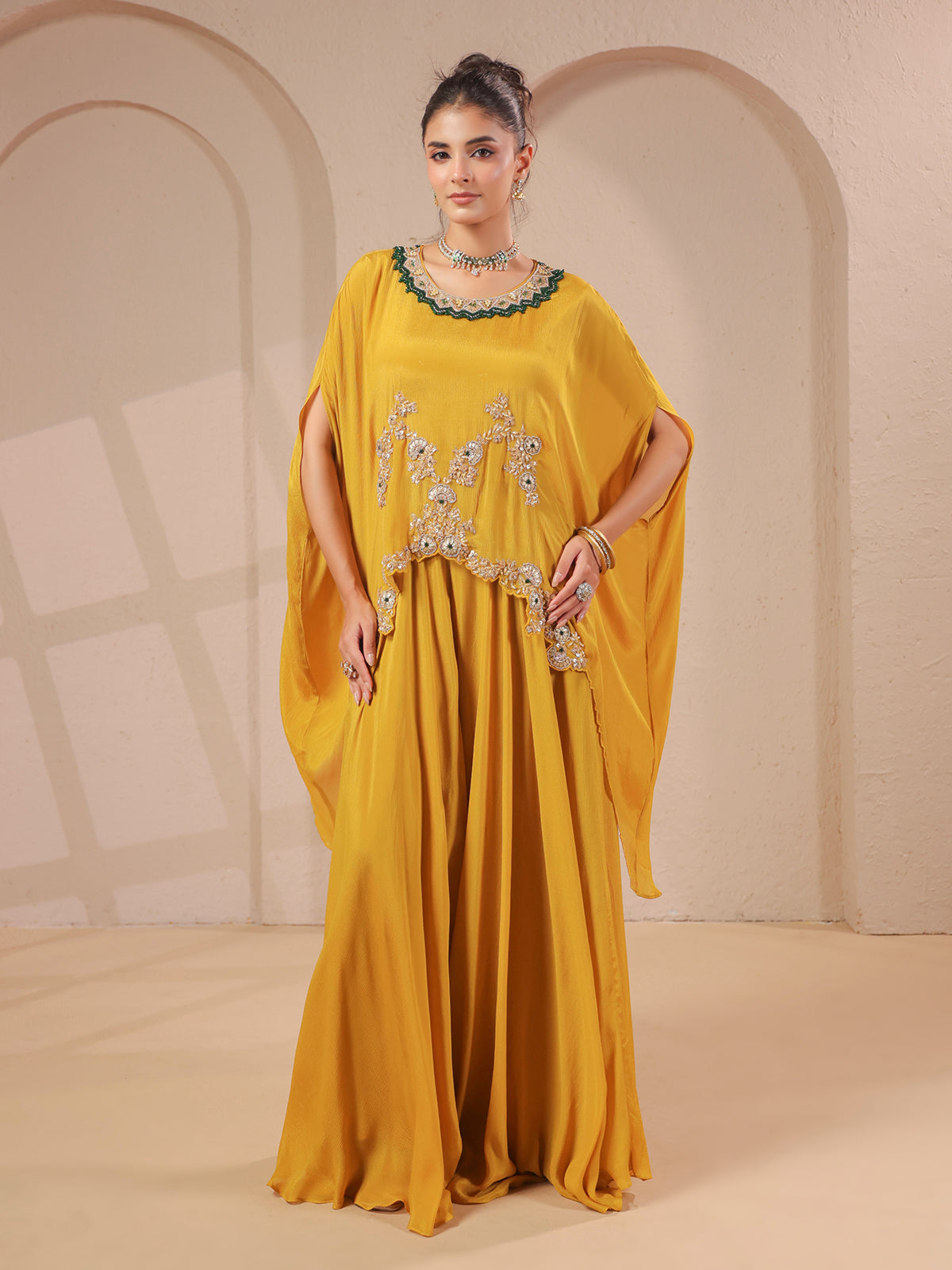 Mustard yellow handwork cape with elegant designer palazzo