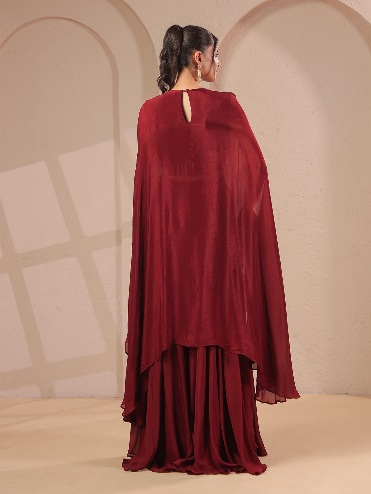 Maroon handwork bodice flared top with designer palazzo