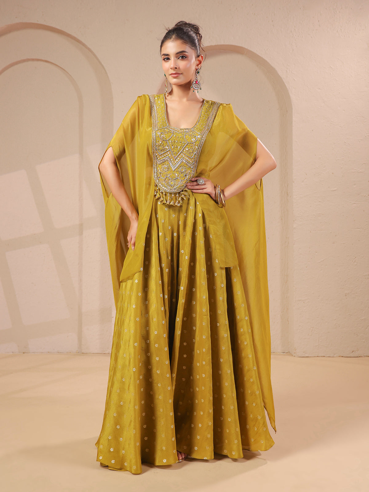 Mehendi yellow handwork flared top with banarasi palazzo
