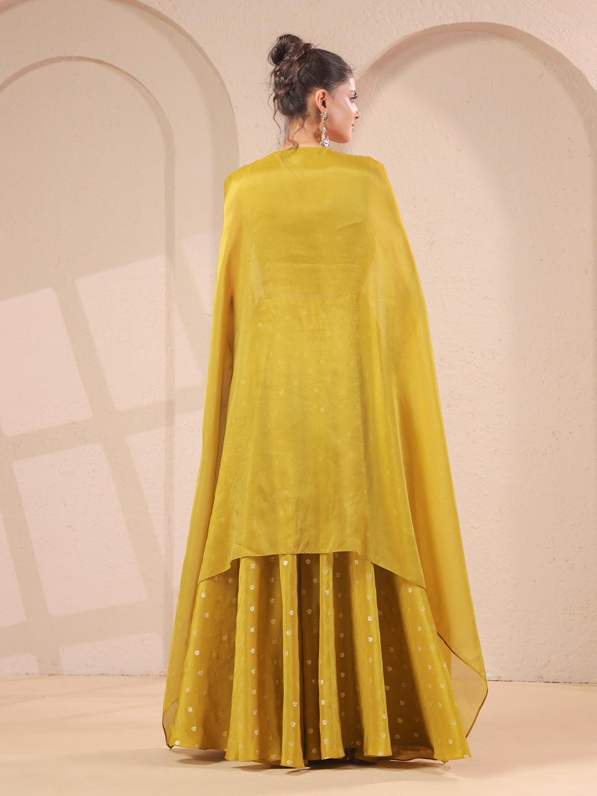 Mehendi yellow handwork flared top with banarasi palazzo