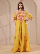 Mustard yellow handwork kurta bustier with shimmering palazzo