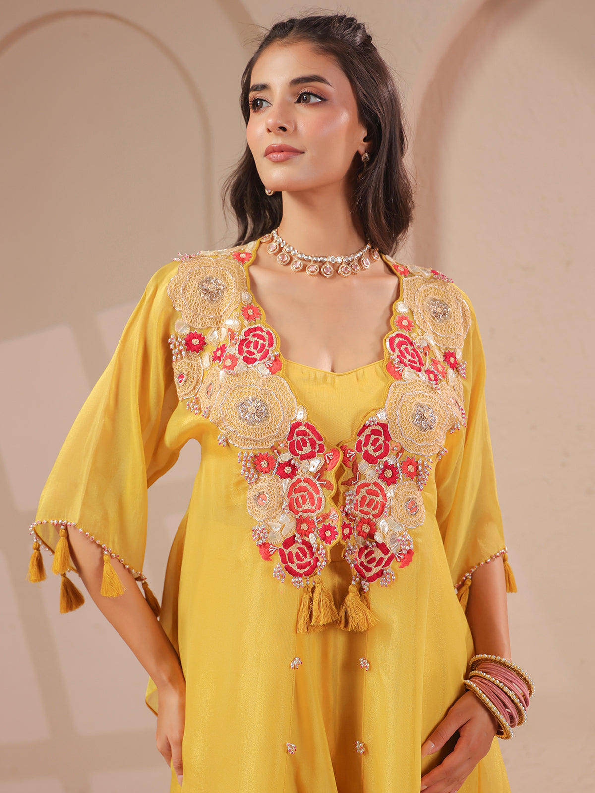 Mustard yellow handwork kurta bustier with shimmering palazzo