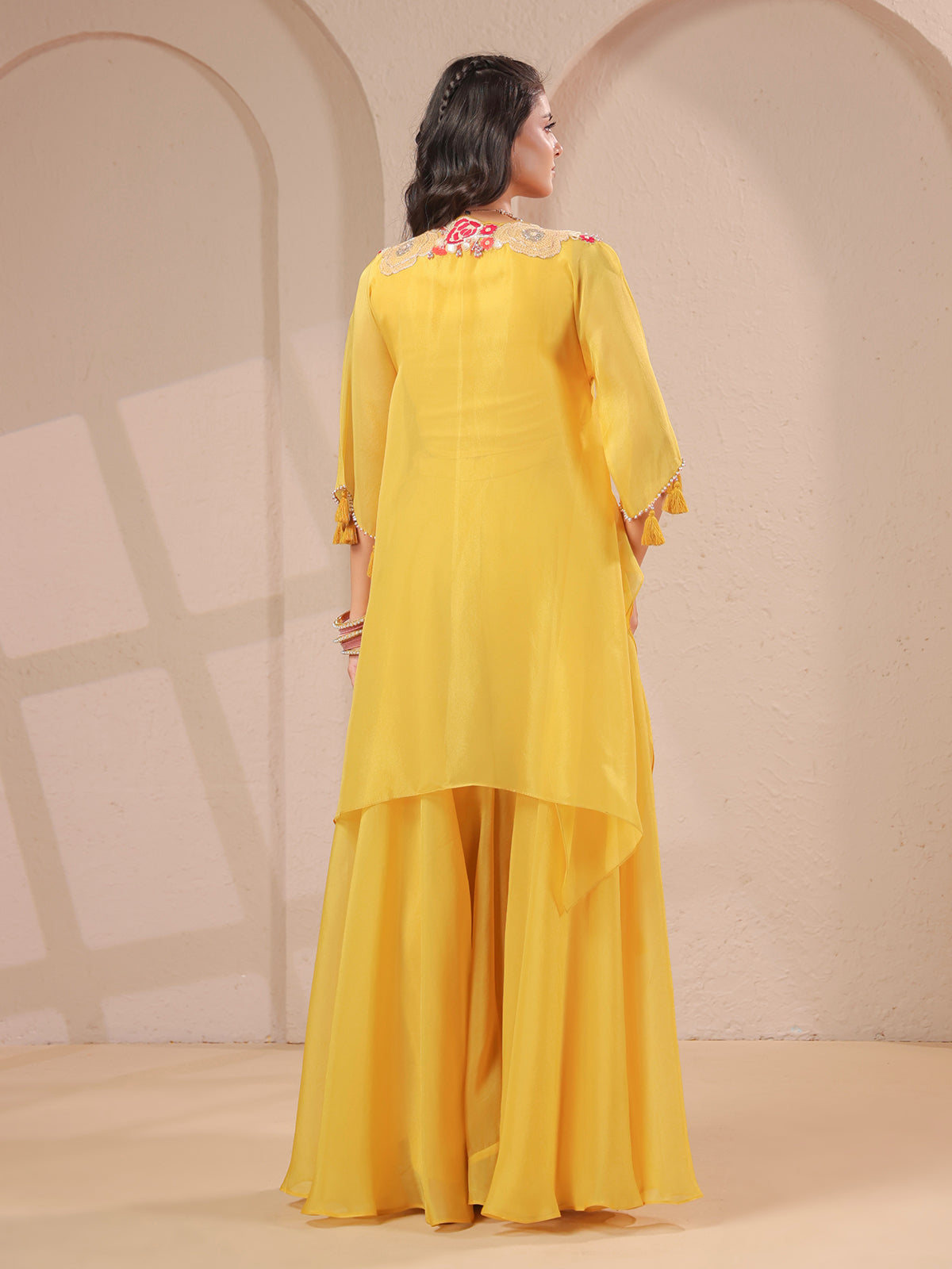 Mustard yellow handwork kurta bustier with shimmering palazzo