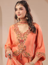 Peach scallop work top with draped dupatta and palazzo