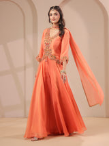 Peach scallop work top with draped dupatta and palazzo
