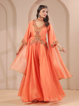 Peach scallop work top with draped dupatta and palazzo