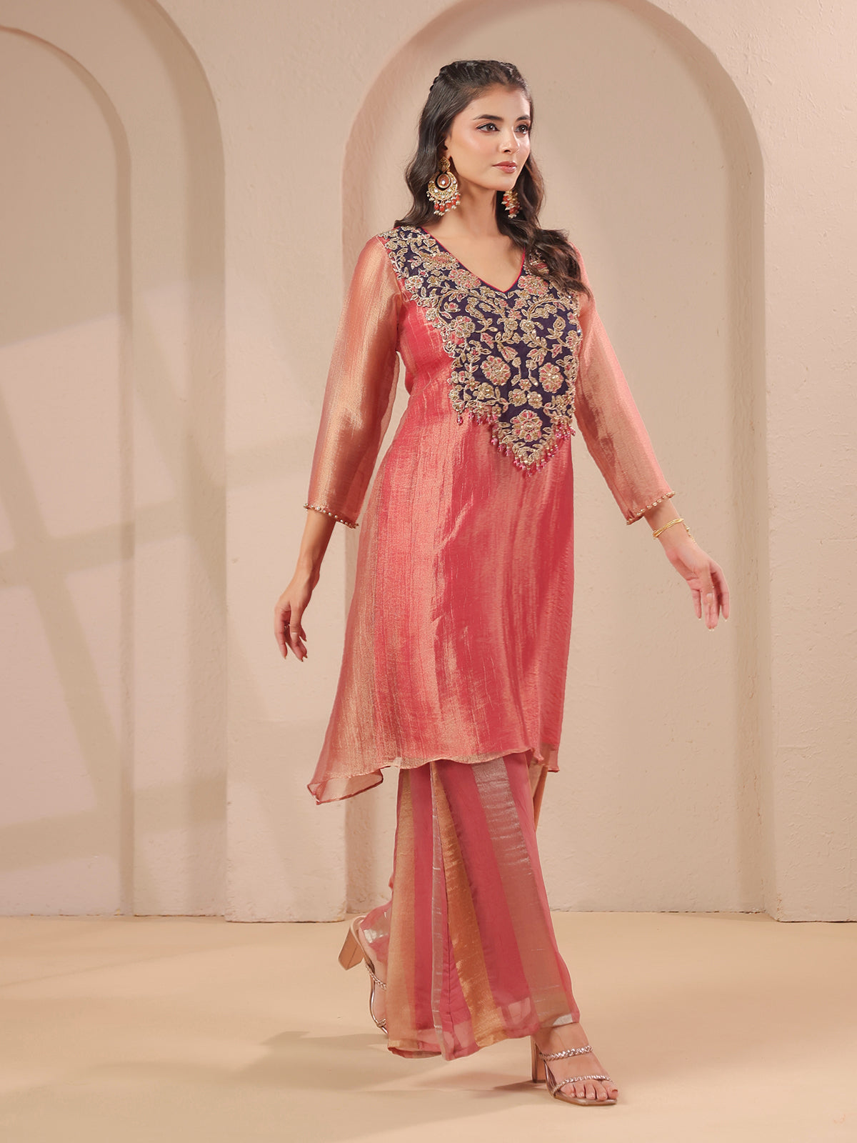 Onion pink handwork yoke kurta with tissue organza palazzo