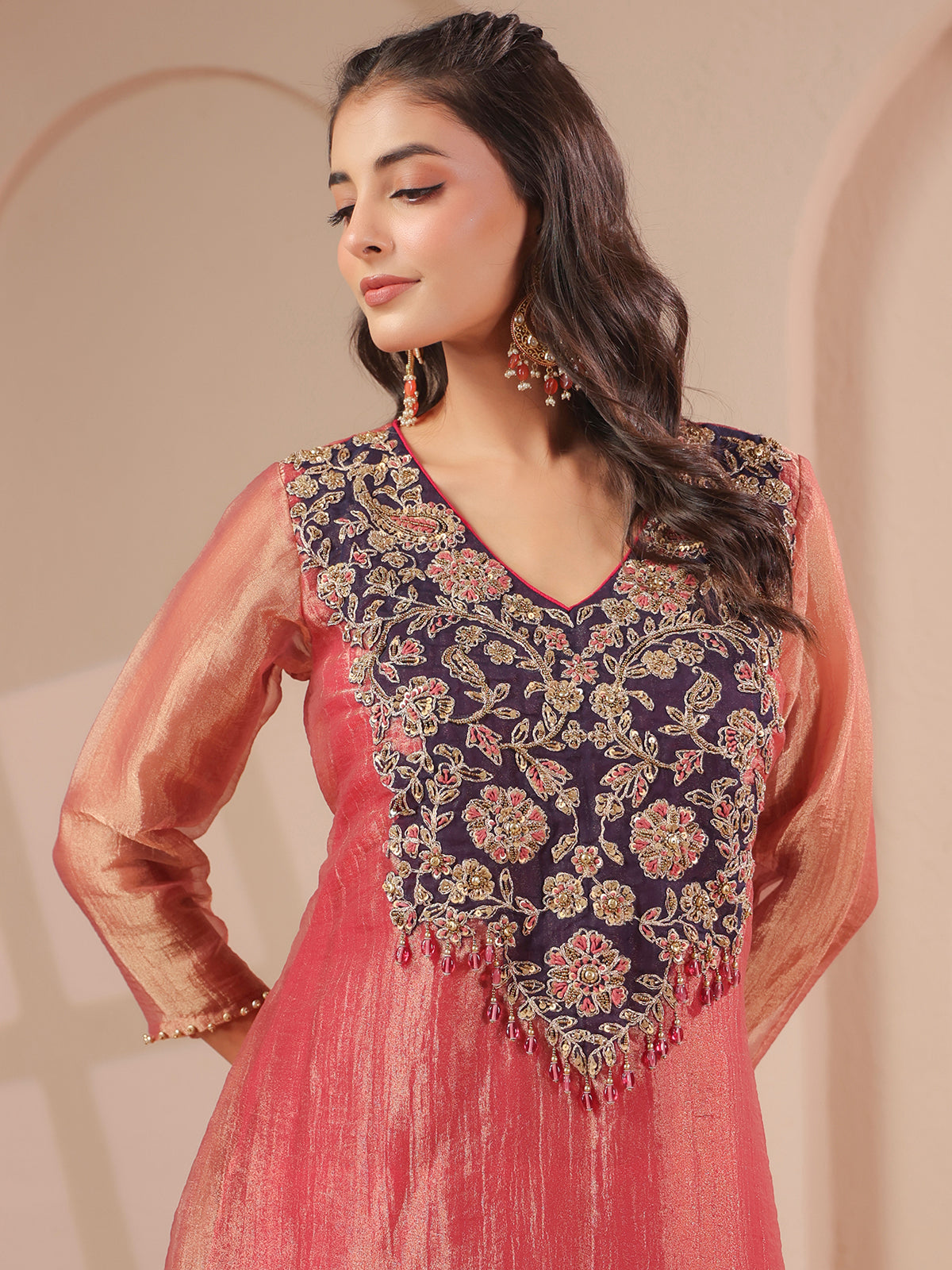 Onion pink handwork yoke kurta with tissue organza palazzo