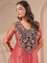 Onion pink handwork yoke kurta with tissue organza palazzo