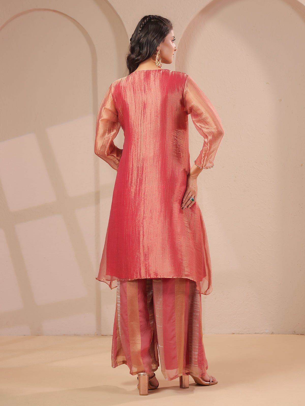 Onion pink handwork yoke kurta with tissue organza palazzo