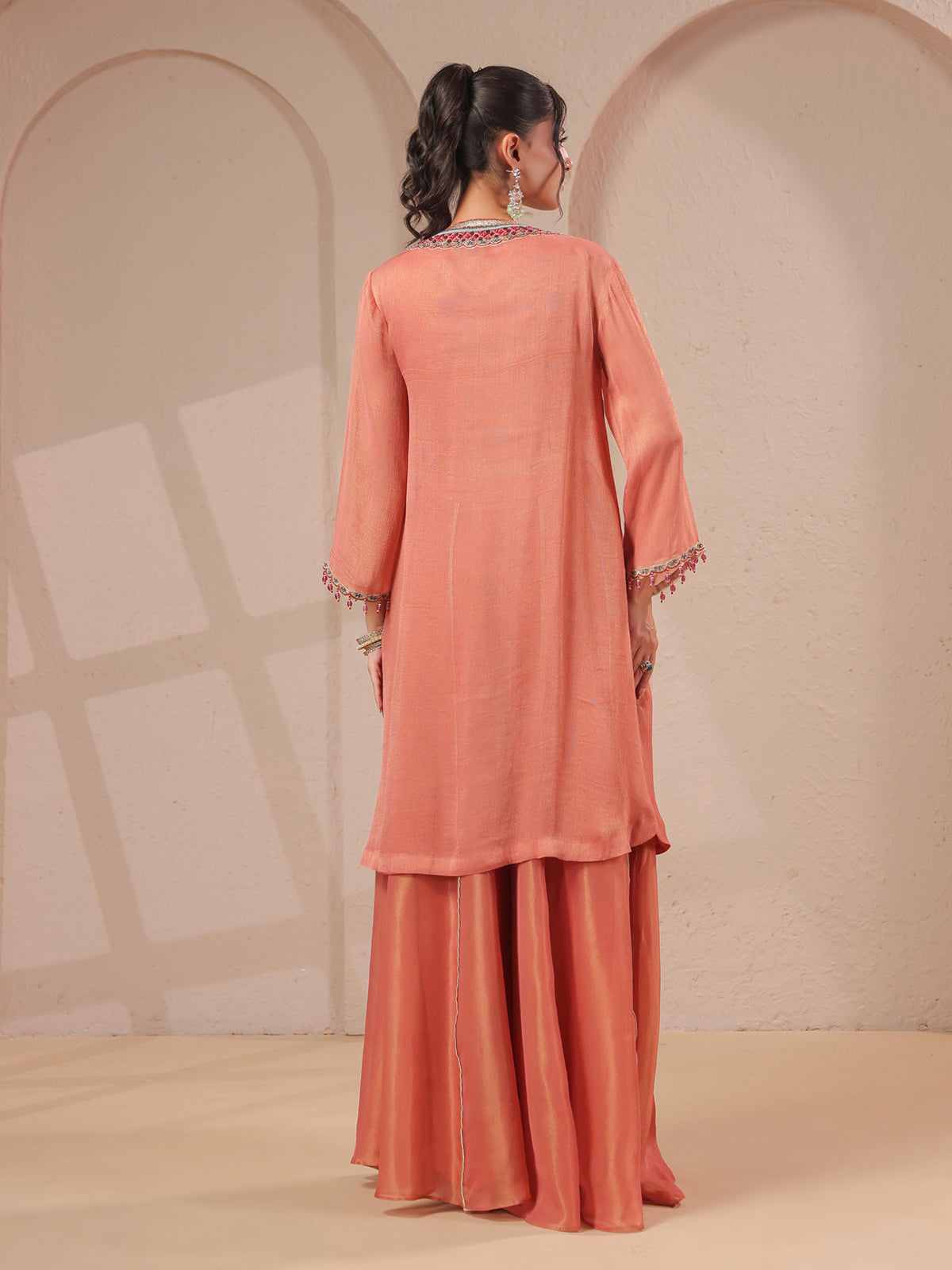 Peach handwork kurta palazzo set with shimmering organza