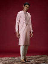 Pink floral embroidered mens kurta pajama
