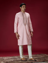 Pink floral embroidered mens kurta pajama