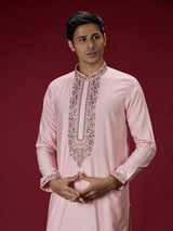 Pink floral embroidered mens kurta pajama