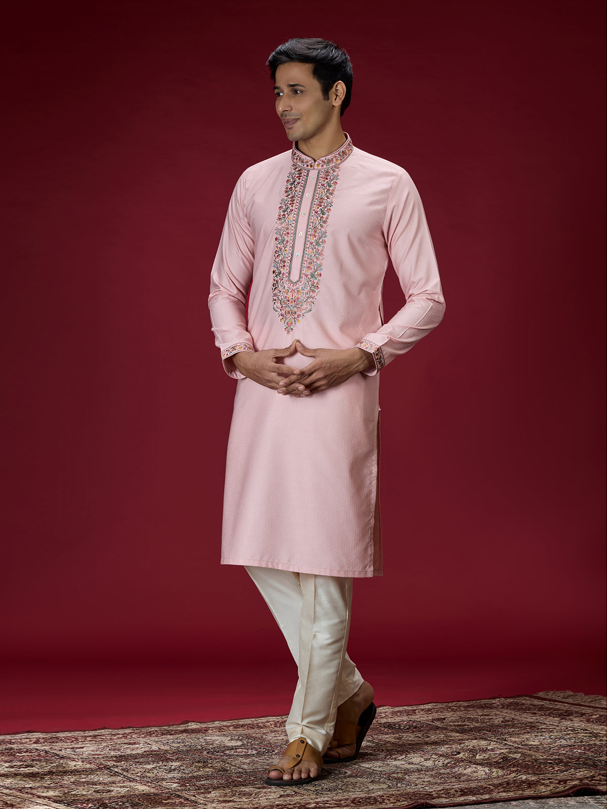 Pink floral embroidered mens kurta pajama