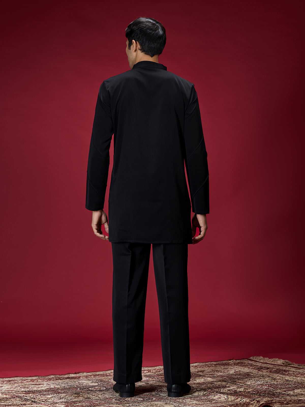 Black geometric embroidered mens kurta suit