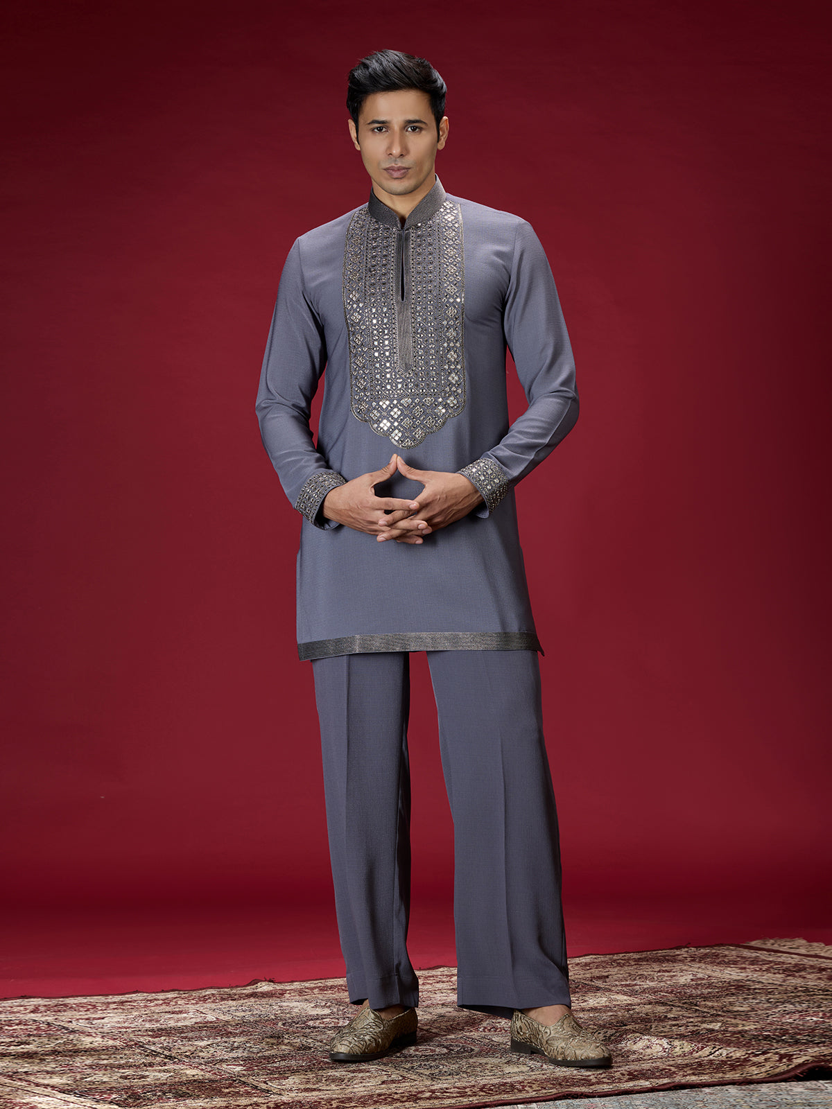 Grey embellished mens kurta suit