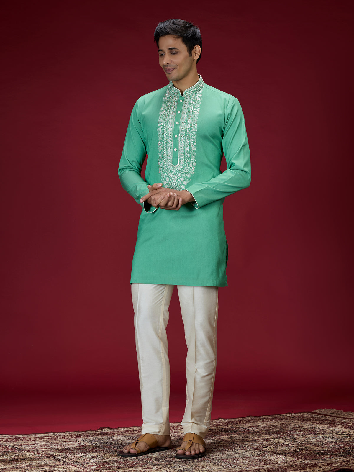 Green mughal mens kurta suit with embroidered work
