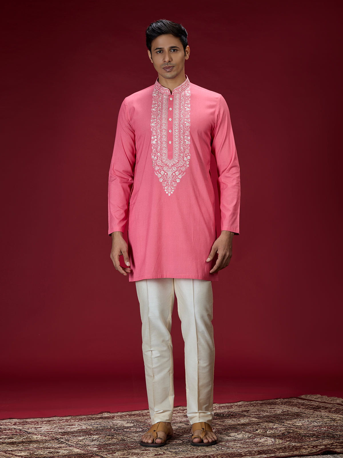 Hot pink mughal embroidered mens kurta suit
