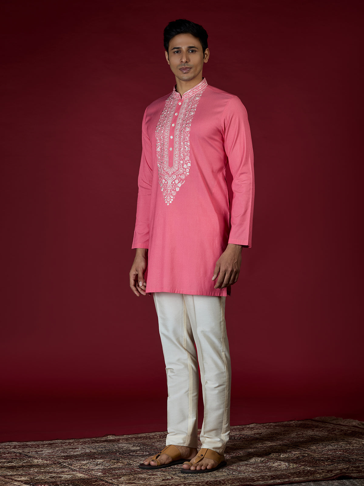 Hot pink mughal embroidered mens kurta suit