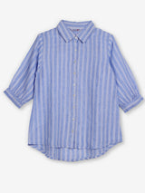 Sky blue white linen women striped shirt