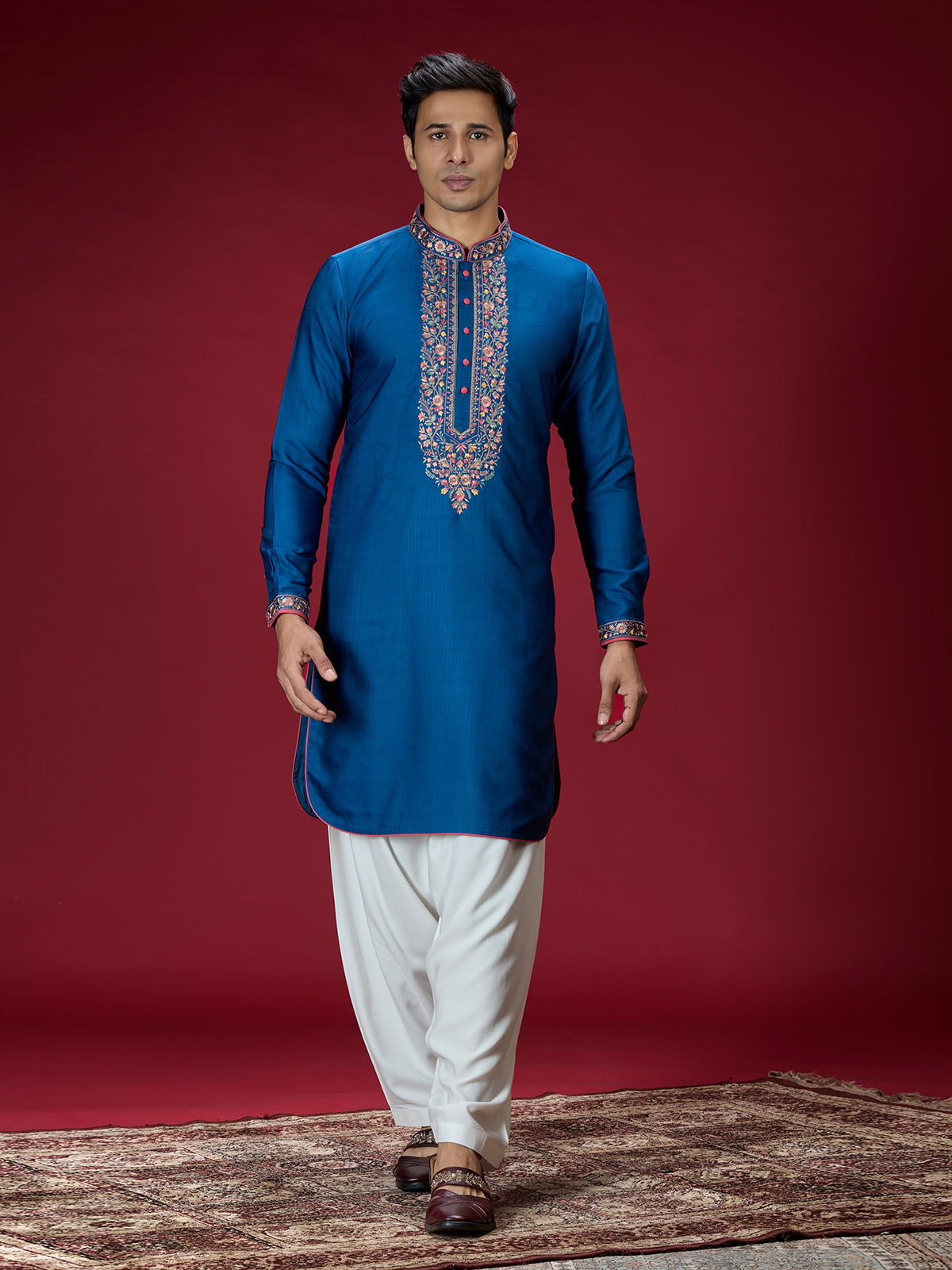 Blue persian floral mens kurta pajama